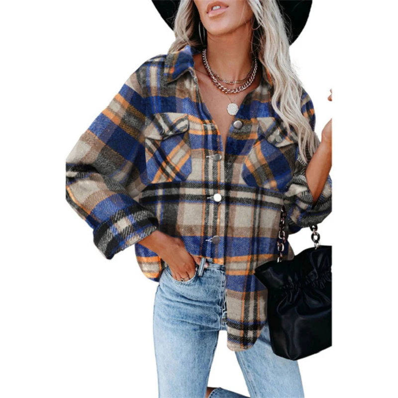 

New Style Winter Coat for Women Coat Plaid 2021 Flannel Women's Outerwear Button Wool Blends Autumn and Winter Shirt Tweed Woman