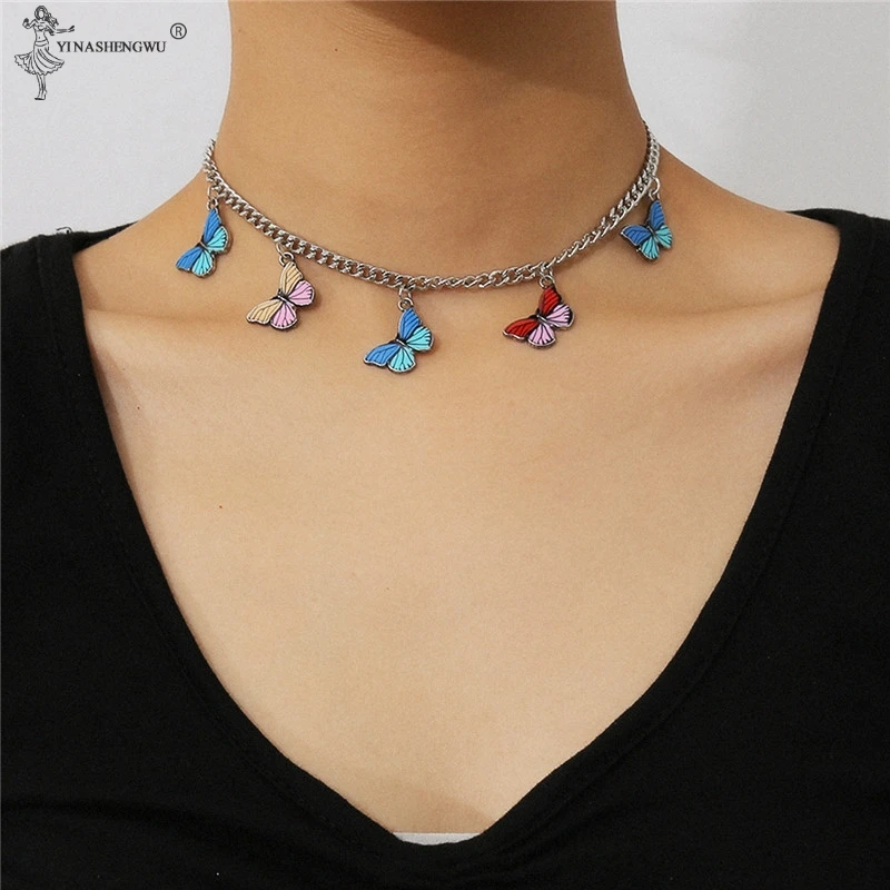 

Temperament Butterfly Hit Color Pendant Necklace Clavicle Chain Fashion Jewelry Shiny Crystal Party Female Gift 5 Butterflies