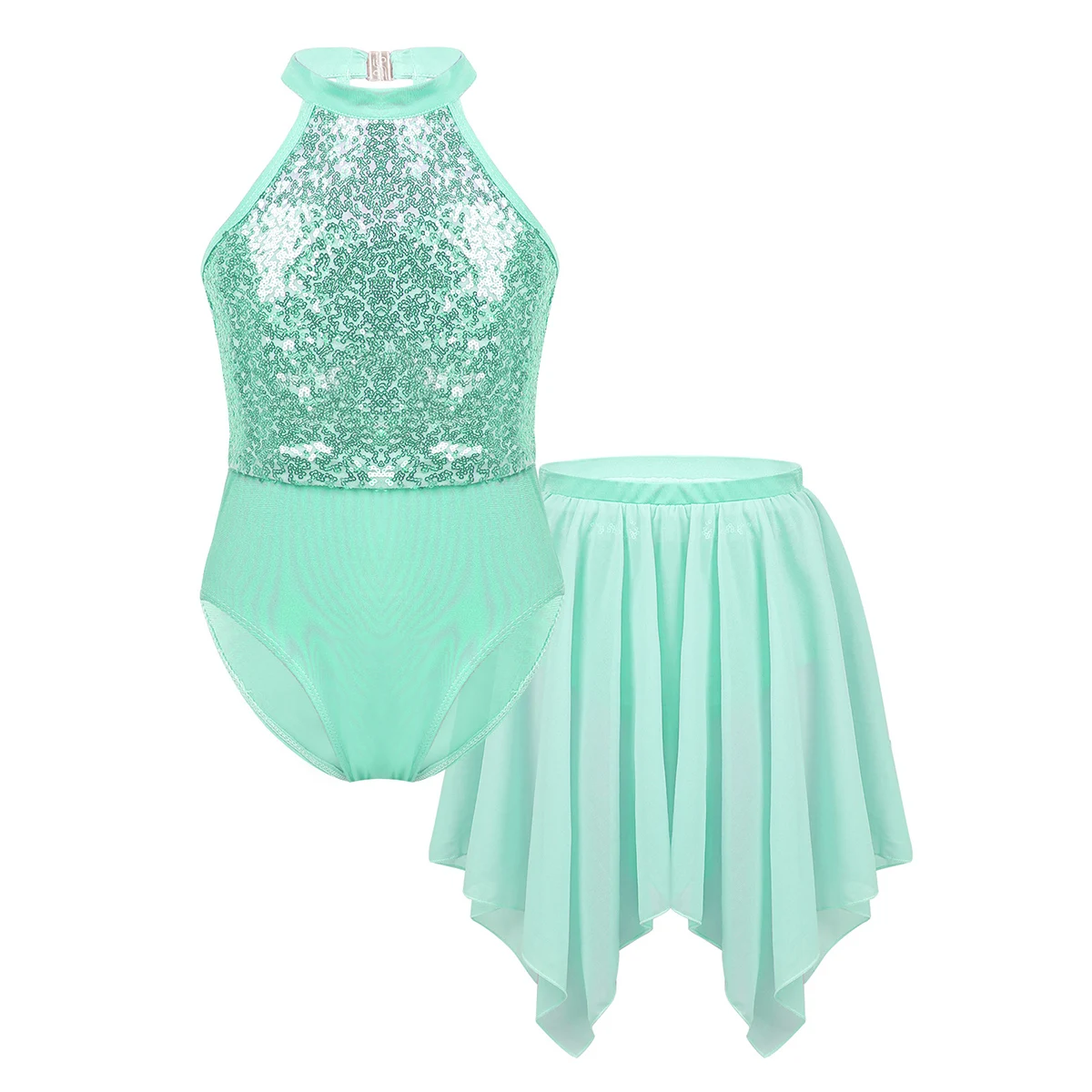 Mint Green Детская Балетная трико с блестками, стандартная юбка, комплект для девочек, балетная пачка, платье для фигурного катания, сценические танцевальные костюмы - Цвет: Mint Green