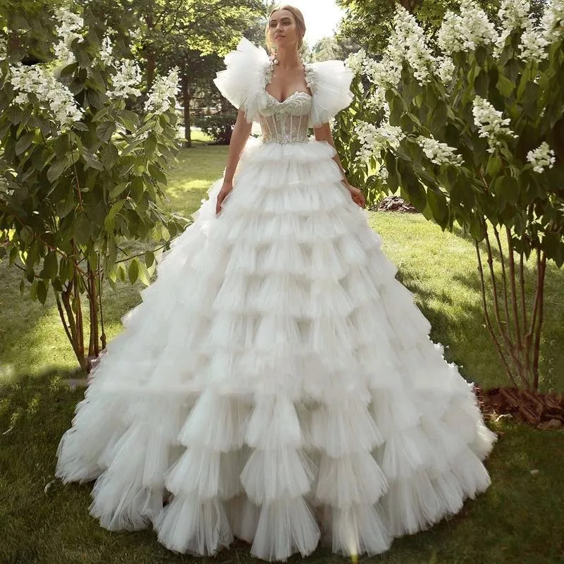 

Italian Ruffles Wedding Gowns Applique Puffy White Bridal Dresses Sheer vestido de noiva Romantic Lush Wedding Gown Long