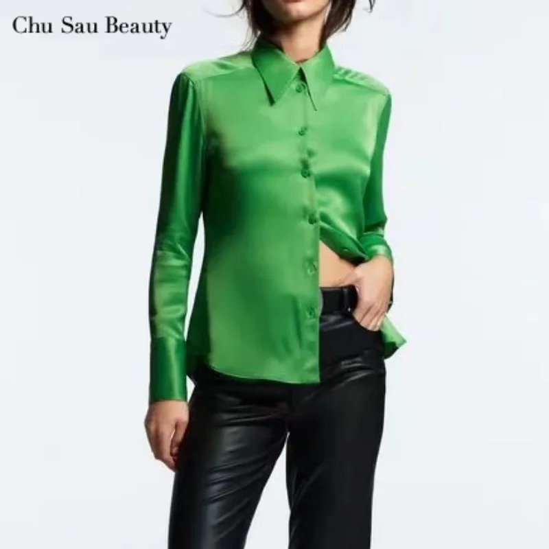 

New ZA Women's Spring And Autumn Silk Satin Texture Long-Sleeved Blouse Fashion Lapel Single-Breasted Solid Color Blouse