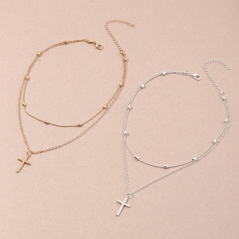 

Retro Geometric Design Short Cross Pendant Necklace Personality Hip Hop Style Double Layered Necklace Women's Party Accessories