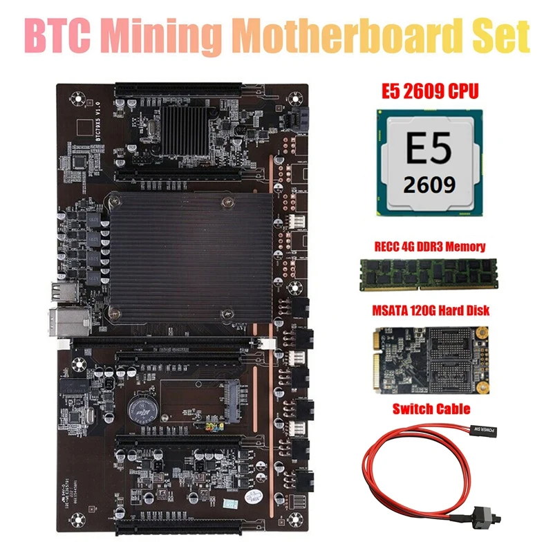 

X79 H61 BTC Mining Motherboard with E5 2609 CPU+RECC 4G DDR3 Ram+120G SSD+Switch Cable Support 3060 3070 3080 GPU