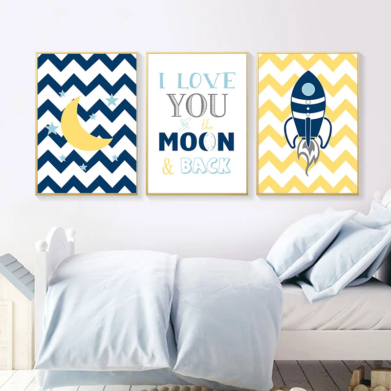 

Nursery Quotes Canvas Children Poster Moon Blue Rocket Wall Art Print Painting Nordic Kids Decoration Picture Baby Bedroom Decor