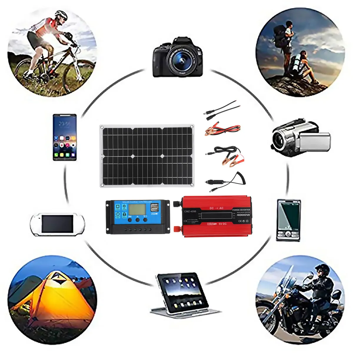 Online 4000W Sistem Surya 18V 20W Panel Surya Power Bank Baterai Mobil Pengisi Daya Surya Kit Panel Surya Inverter Surya Untuk Rumah Luar Ruangan