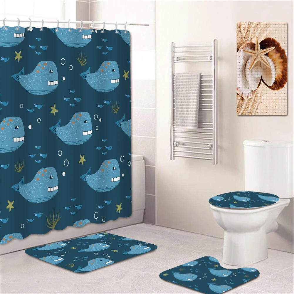 

Cartoon Dolphin Bathroom Sets with Waterproof Polyester Shower Curtain Flannel Floor Mat Toilet Lid Cover U-shaped Pad