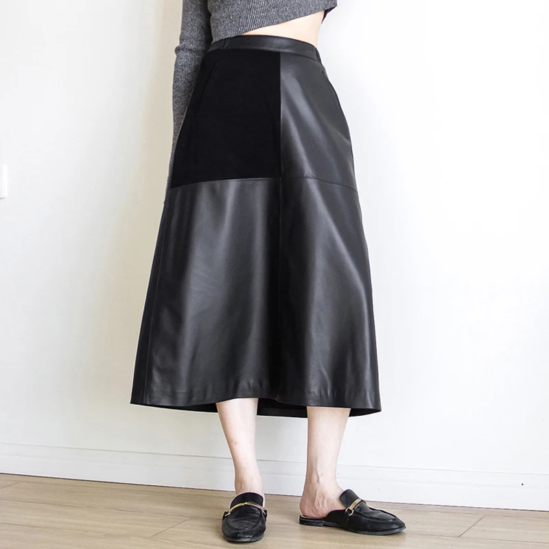 

80cm Long Skirt For Women Female Korean Version Real Leather Thin A-line Irregular Jupe Lady Elastic Waist Patchwork Saia Longa