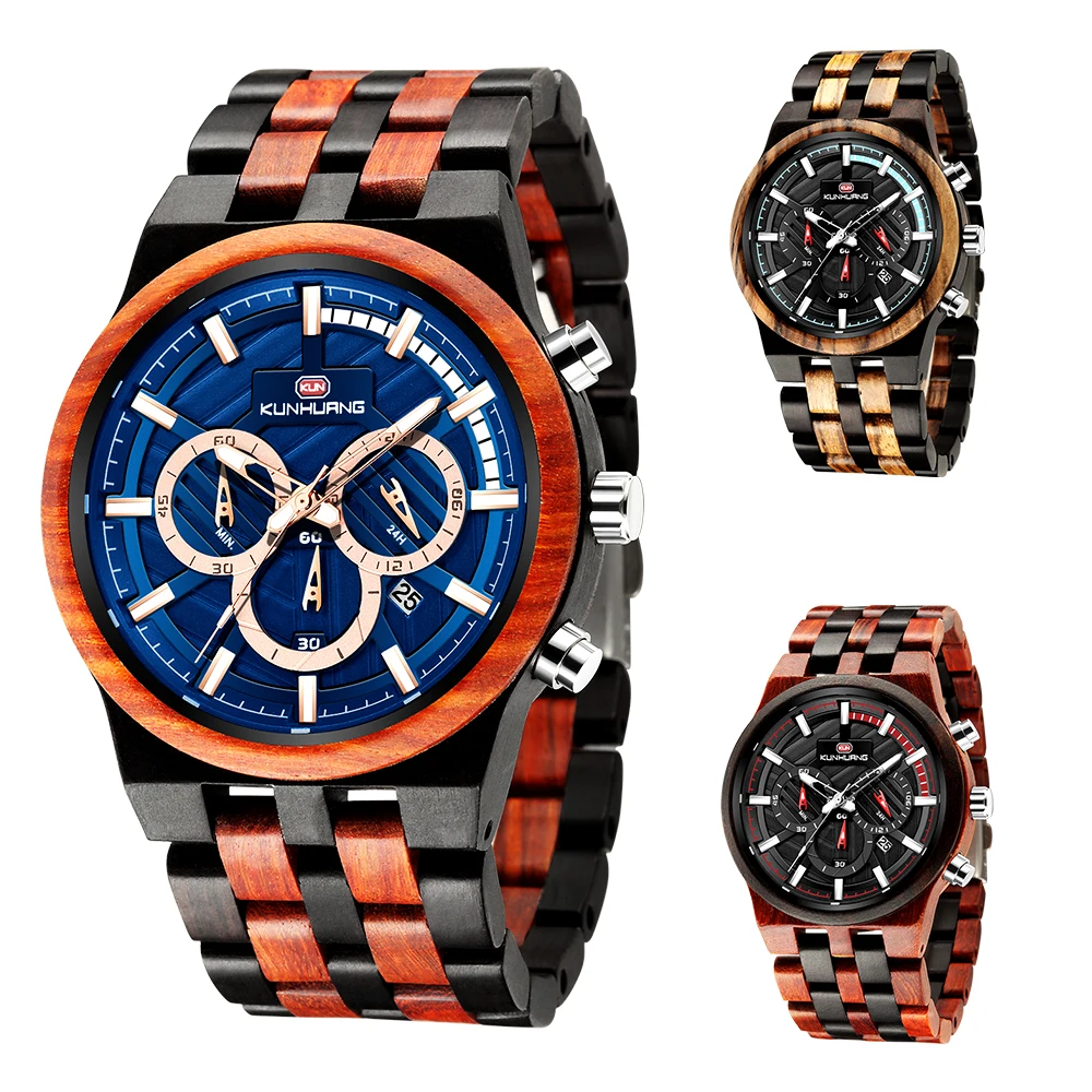 Erkek saati KUNHUANG Retro wooden Men&amp#39s watch Quartz Movement Complete Calendar Wood Watch Week Display relogio masculino | Наручные