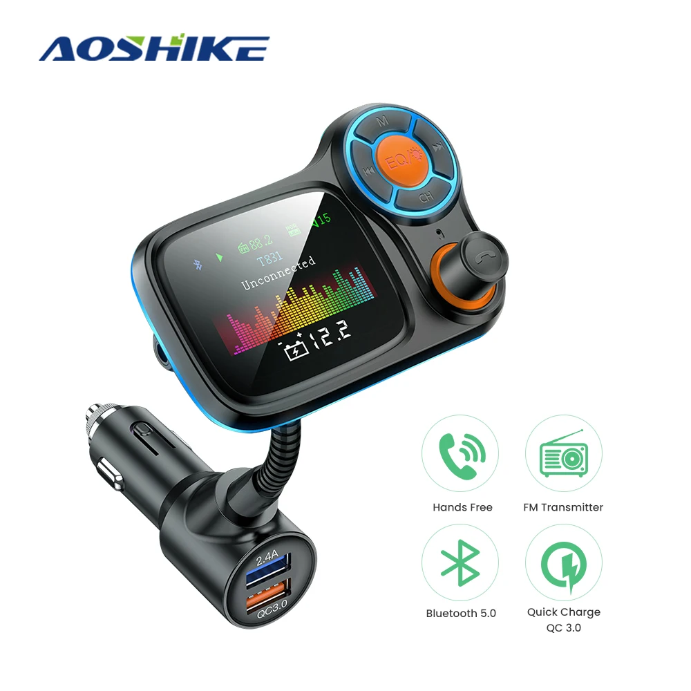 

FM-трансмиттер AOSHIKE QC3.0, Aux-модулятор, беспроводной Bluetooth, автомобильный комплект громкой связи, автомобильный аудиоплеер, MP3 плеер, автомобиль...
