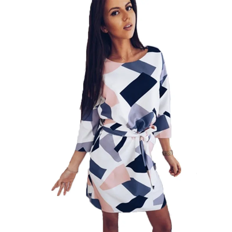 

2020 Spring And Autumn Women's Round Neck Square Print Three-quarter Sleeves Mid-length Slim Casual Temperament Dress