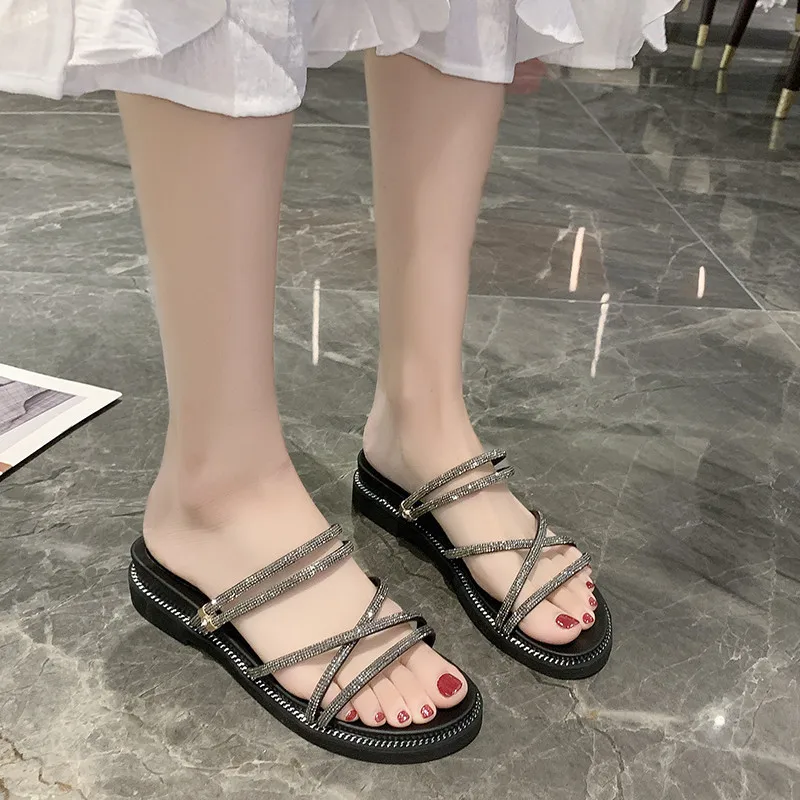 

2021 Summer Beige Heeled Sandals Low-Heeled Shoes With Strap All-Match Two Weare Black Low-heeled Comfort Clear Girls Outside Be
