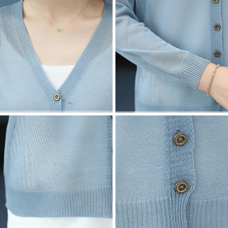

Summer V-Neck Thin Knitted Cardigan Women Casual Loose Solid Long Sleeve Coat Basic Large Size Single Breasted Tops Female