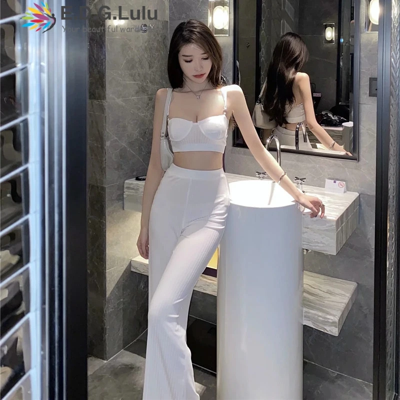 

EDGLuLu Women Spaghetti Strap Crop Short Tank Top And High Waist Wide Leg Pants White Grey Two Piece Set Women Top And Pants0412