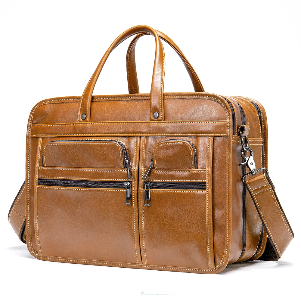 Men's Real-Leather Laptop Bag Full-Grain Leather Men's Briefcase Business Handbag Shoulder/Crossbody Bag Men