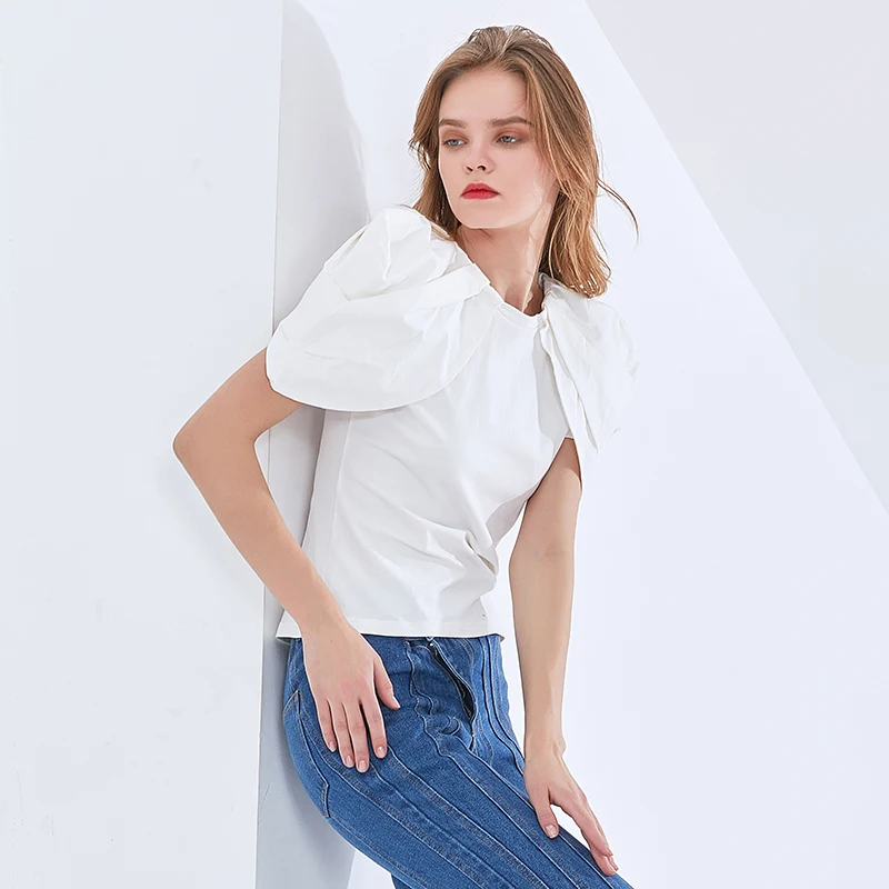 

Slim Ruched Casual T Shirts Black Chic T Shirt For Women O Neck Puff Short Sleeve Female Fashion New Style Summer