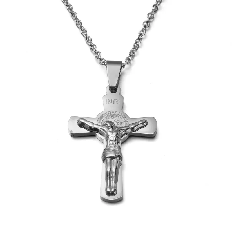 

Stainless steel Jesus Cross Necklace Pendant Catholic INRI St Benedict Cross Necklace Religious Jewelry