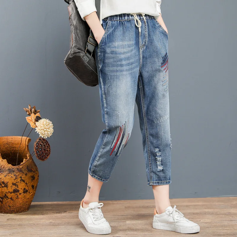 Женские джинсы с высокой талией винтажные джинсовые комбинезоны вышивкой