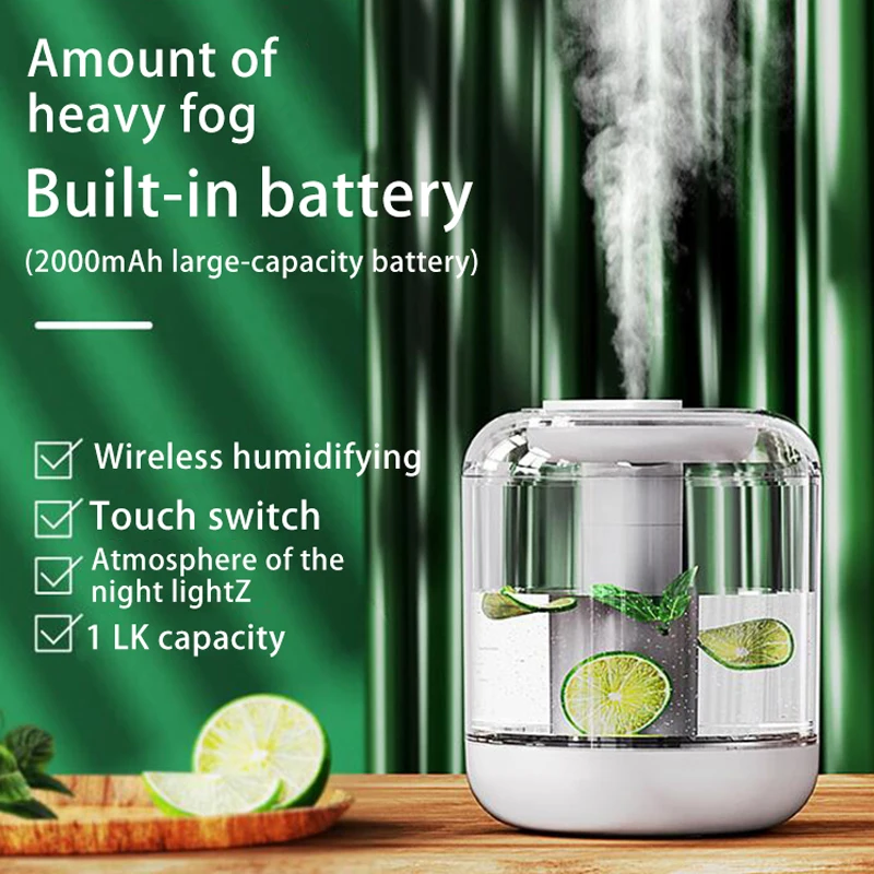 

1L Wireless Air Humidifier Ultrasonic Cool Mist Makger Fogger 2000mAh Rechargeable Battery USB Water Diffuser With LED Light