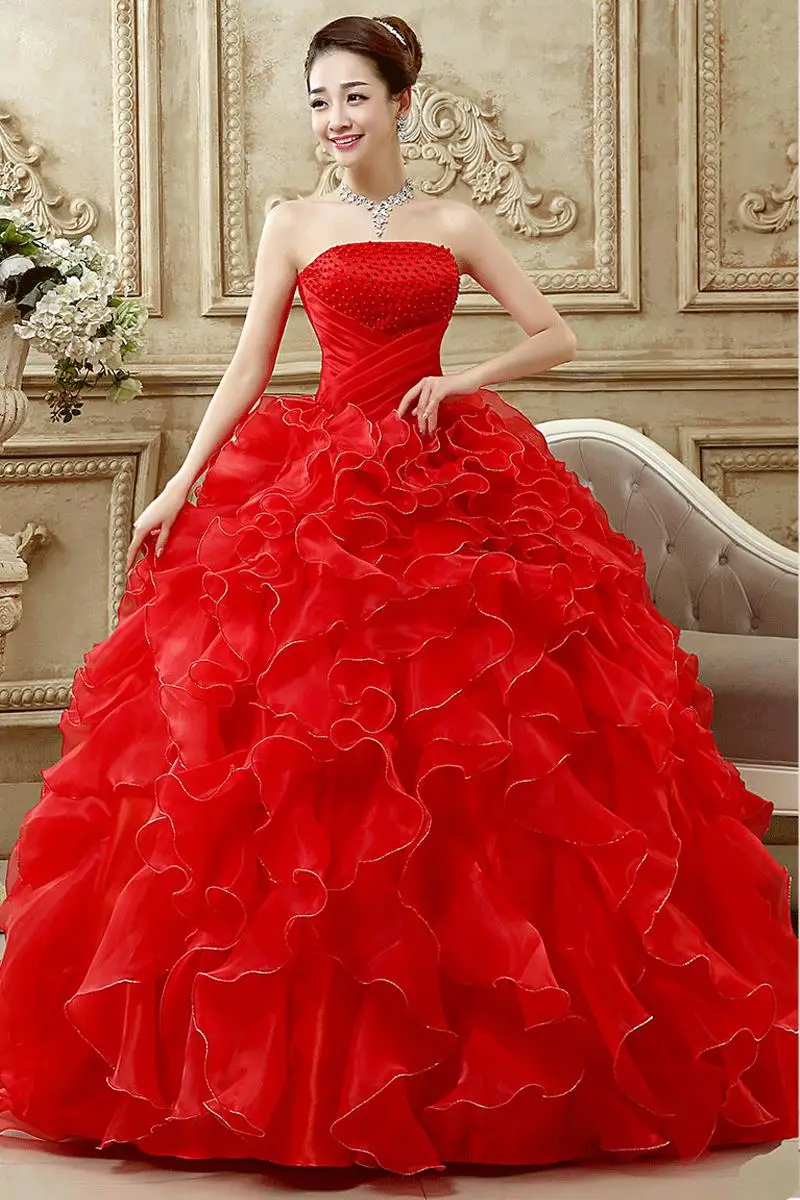 Красное платье без бретелек с рюшами Quinceanera бисером и жемчужным лифом Vestido 15 Anos De