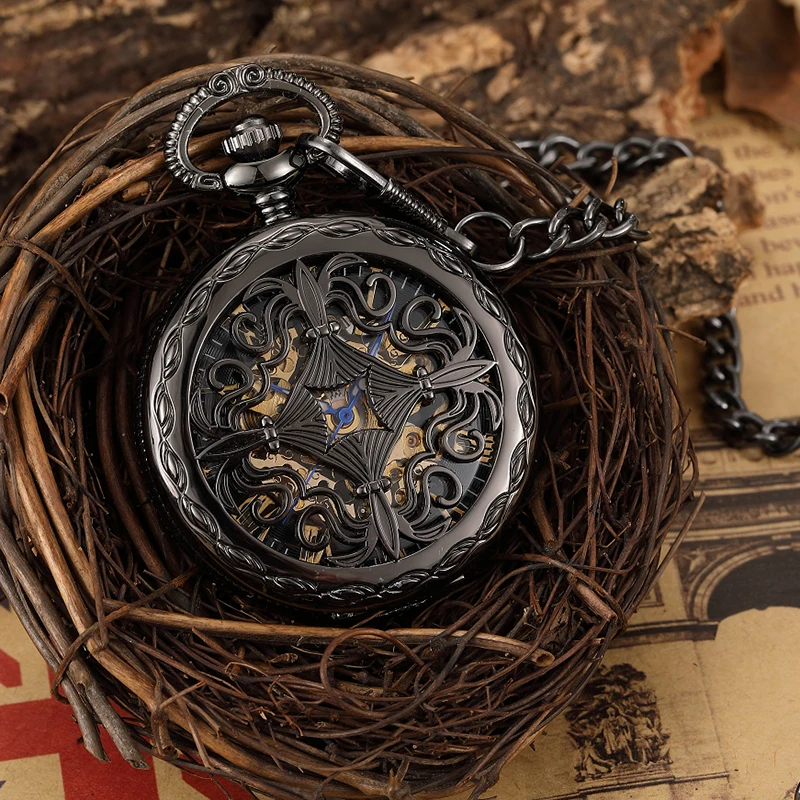 Roman Numeral Antique Mechanical Pocket Watch Skeleton Black Case Gold Gear Dial Male Fob Chain Clock for Men Women Dropshipping