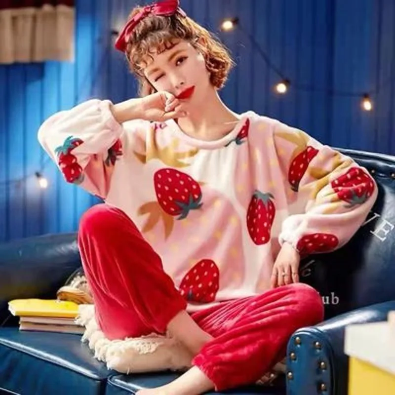 

Pajamas Women Winter Flannel Long-sleeved Thickening Plus Velvet Coral Fleece Cute Autumn And Winter Home Service Suit Women