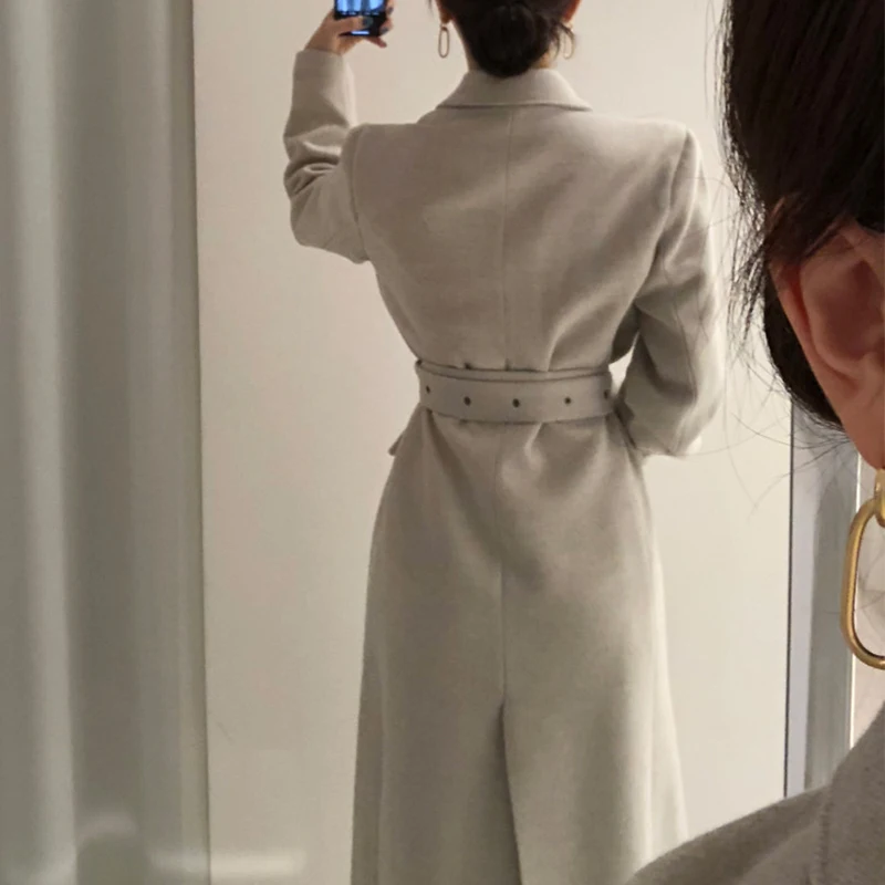 Высокое качество женские пальто зимние шерстяные длинные с поясом Офисная