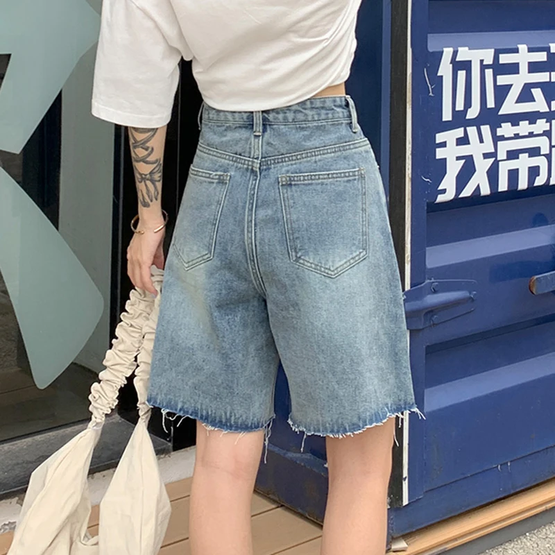 CHICEVER Casual Loose Denim Knee Length Trousers For Women High Waist Vintage Wide Leg Pants Female 2021 Summer Fashion Clothing