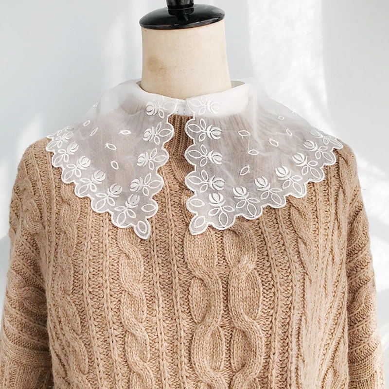 

Women Elegant Decorative Lapel Half Shirt Blouse Hollow Out Jacquard Floral Lace Buttons Detachable False Collar