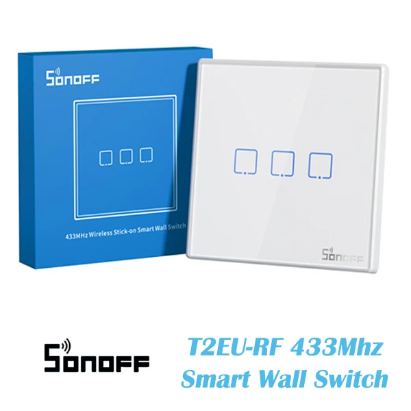 

SONOFF T2EU-RF 86 Type 433Mhz Wireless RF Remote Stick-on Smart Wall Switch 2-way Control 1-3Gang for 4CHPROR3 SlampherR2 TX