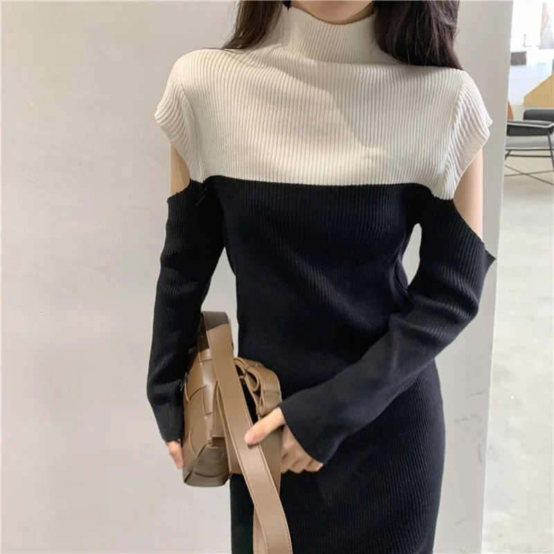 

Осень 2021, вязаное платье, офисное повседневное облегающее элегантное платье-свитер средней длины, женское дизайнерское цельное платье для ...