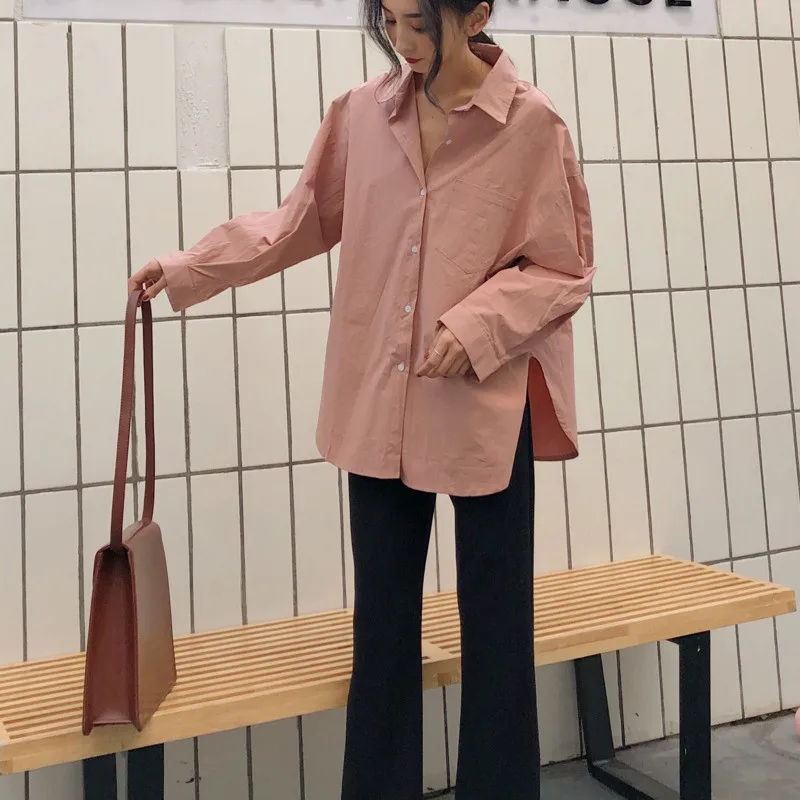 

CBAFU Korean Loose White Blouse Women Long Sleeve Casual Long Shirts Turn Down Collar Single Breasted Top Plus Size Vintage F489