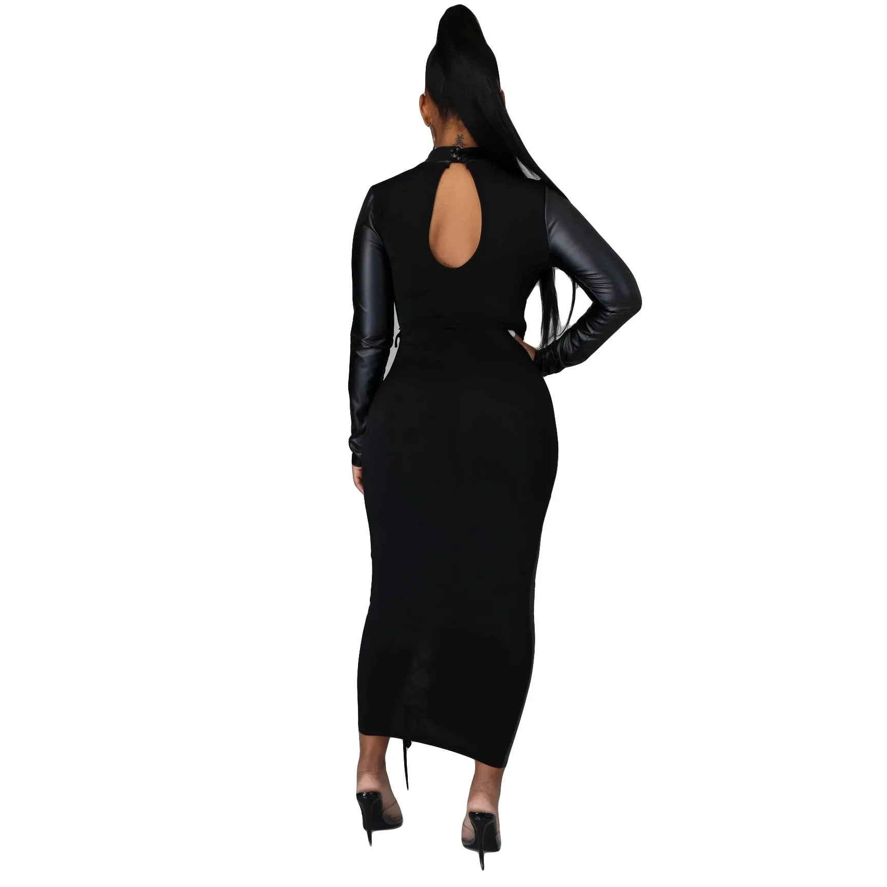

FNOCE 2021 new spring women's dresses fashion sexy nightclub hollow out solid long sleeve slim tight stretch lesther maxi dress