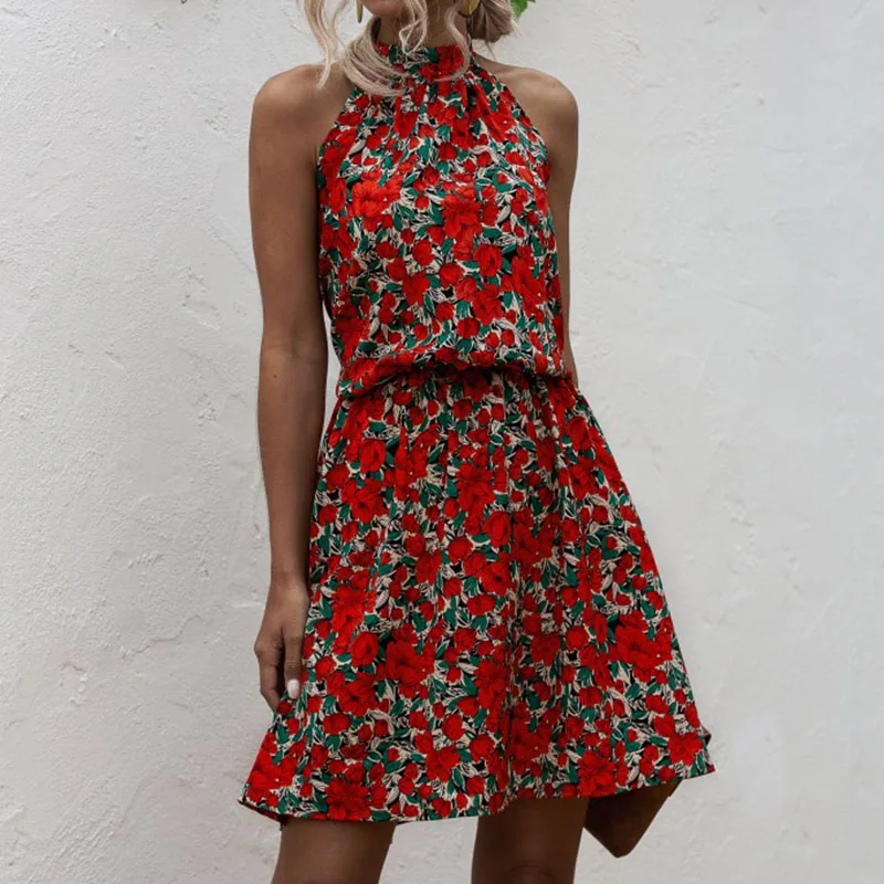Новое Женское мини платье высокая талия с рисунком без рукавов летнее женское в