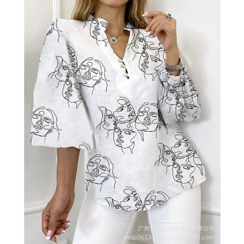 

WEPBEL женская элегантная креативная рубашка с принтом, Женская Повседневная модная блузка с рукавами-фонариками, V-образным вырезом и пуговиц...