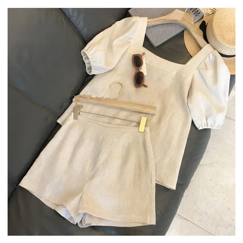 

Женский винтажный комплект из 2 предметов, летний хлопковый комплект из топа с квадратным вырезом и пышными рукавами и шорт с высокой талией