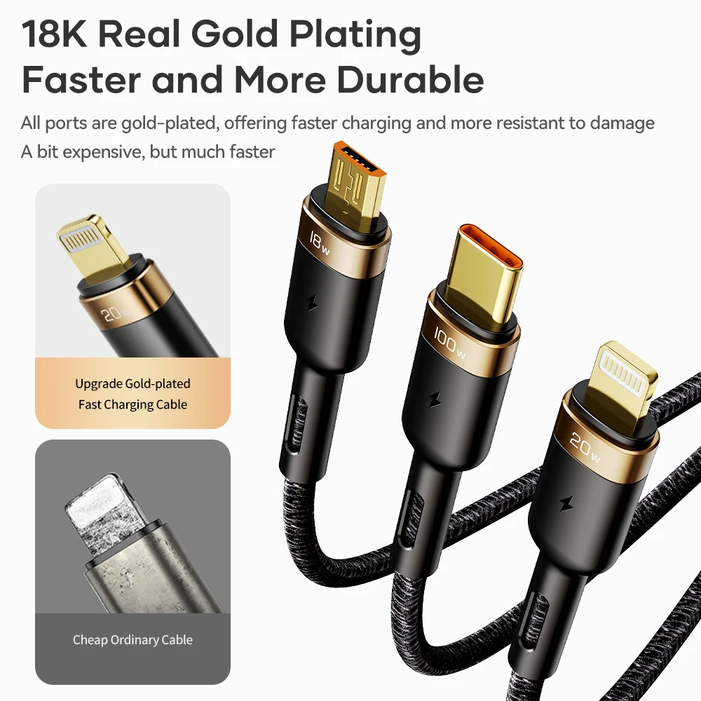 ROCK-Cable tipo C 3 en 1 para iPhone, Cable Micro USB de carga r&aacute;pida de 100W para ordenador port&aacute;til, Macbook Pro, Cable de sincronizaci&oacute;n de datos para iPhone 13, 12, 11 Pro Max-2
