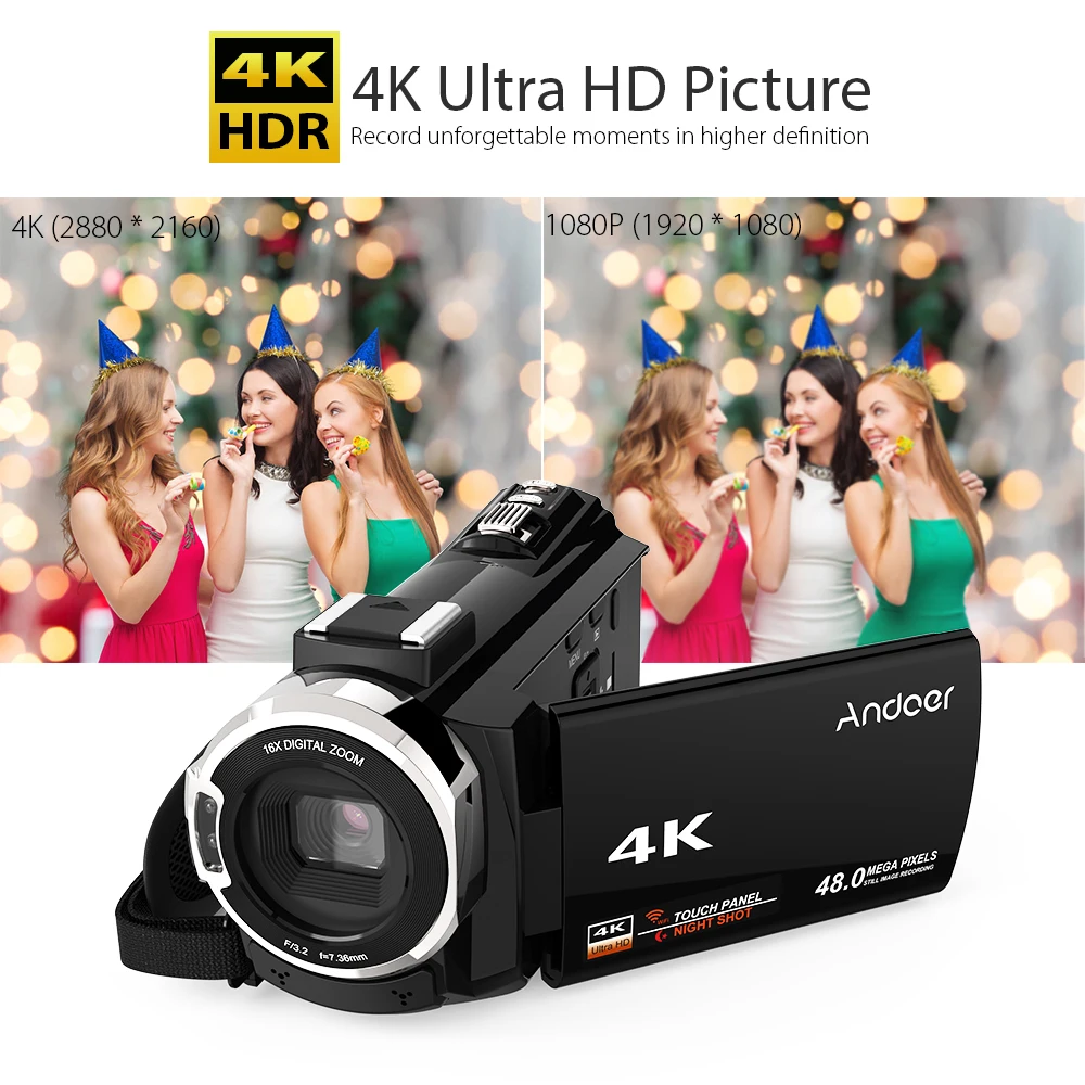 Цифровая видеокамера Andoer с Wi Fi 4K 1080P камера 48 МП записывающее устройство 2