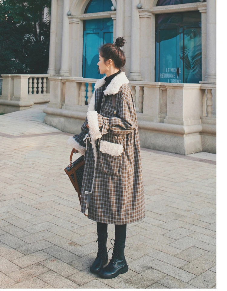 

Winter Clothes Women Thick Fleece Splice Lambswool Fur Coat Female Korean Loose Long Plaid Woolen Jacket Elegant Plus Size