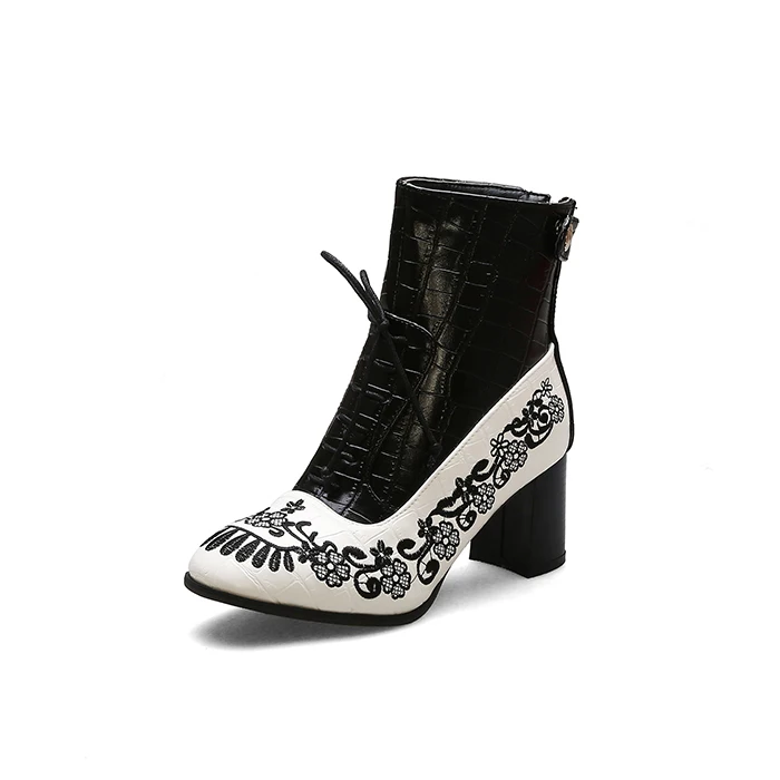 Черный Retro Printed Booties Leather Women Ankle Boots Embroidery High Heels Casual Woman Shoe Zipper Vintage Female Footwear Boot 37 - Цвет: Черный