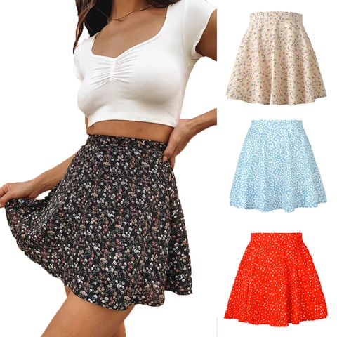 Summer Floral Printed Skirt High Waist Invisible Zipper Cotton Pleated Vintage A-line Jupe Fashion Bohemian Vacation Skirts