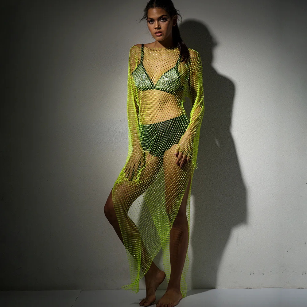 Соблазнительное блестящее платье в сеточку стразы женское пляжное летнее