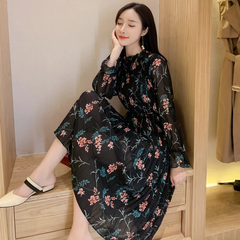 

2 Colors Chiffon Floral Print Autumn Midi Women Dress Elegant Fairy Long Sleeve Fashion Casual Party Pleated Dress Female