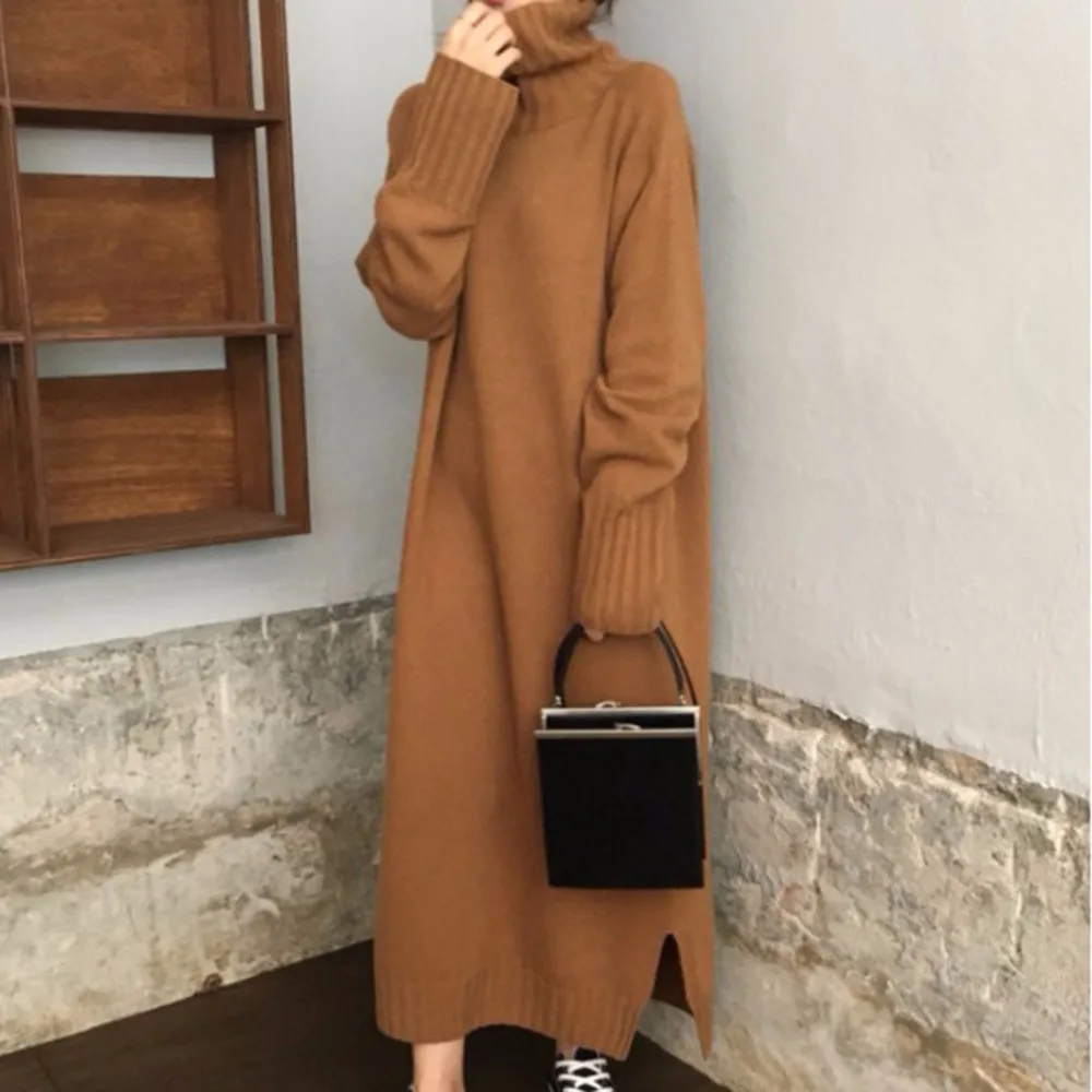 

Split Long Sleeve Ankle-Length Turtleneck Casual Women's Dress