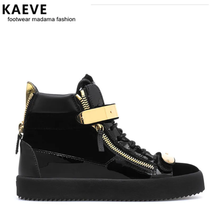 

Black Patchwork Men Casual Shoes Lace Up Gold Metal Sneaker Side Zipper Flat Thick Bottom Creepers Zapatillas Hombre Shoes