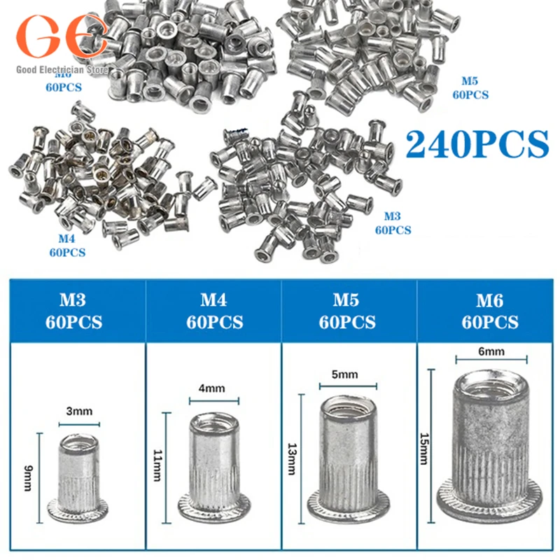 

240Pcs Aluminum Alloy M3-M6 Flat Head Metric Threaded Rivetnut Insert Nutsert Rivet Nut Assortment Kit bolts and nuts