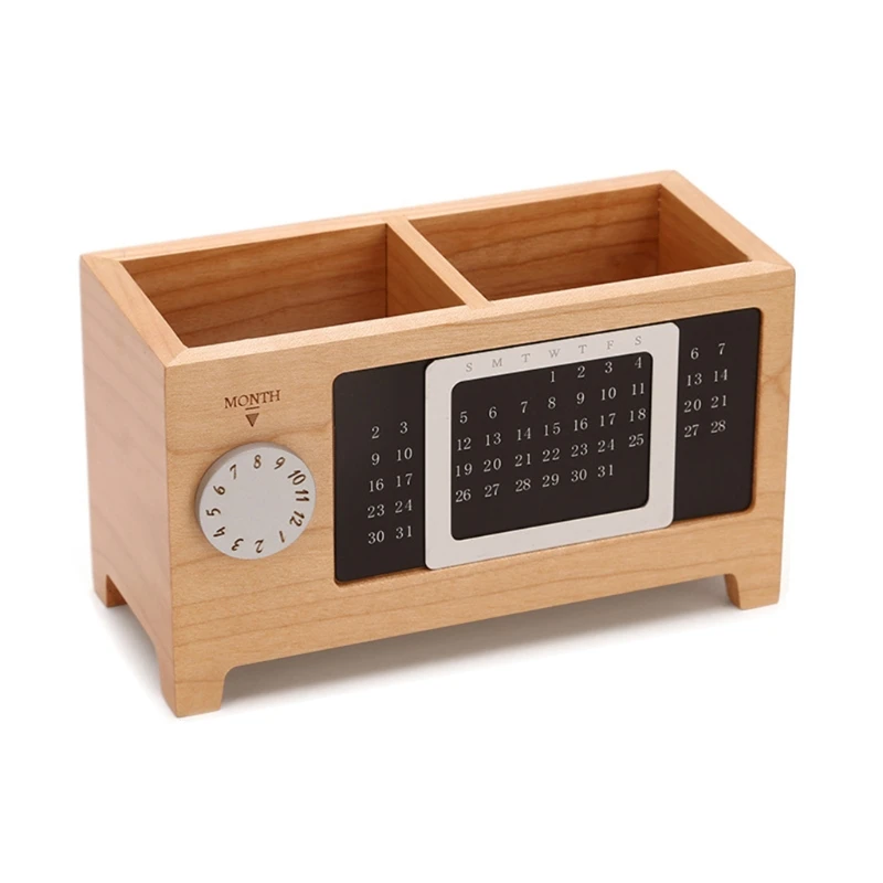 

Solid Wood Calendar Pen Holder Multifunction Desktop Office Organizer Stationery U4LD