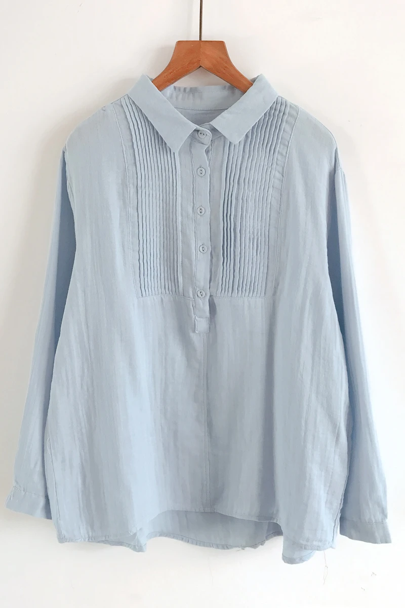 

Autumn New Female Temperament Organ Plait Minimalist Design Art Pure Color Double Female Long-Sleeve Cotton Shirt Women