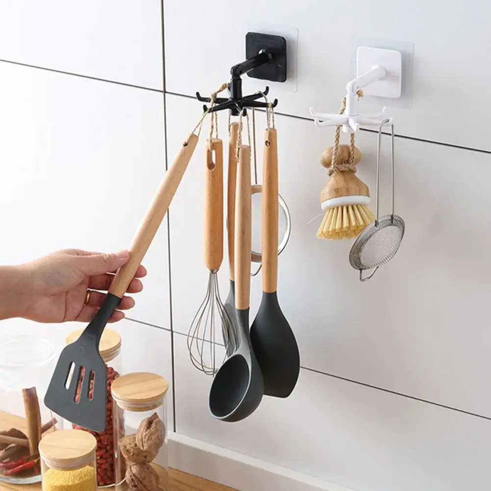 

Multifunction Kitchen Wall Mounted Rotatable 6-claw Hook Hanger Gadget Bath Organizer Rack Bar Kitchen Bathroom Storage Hooks