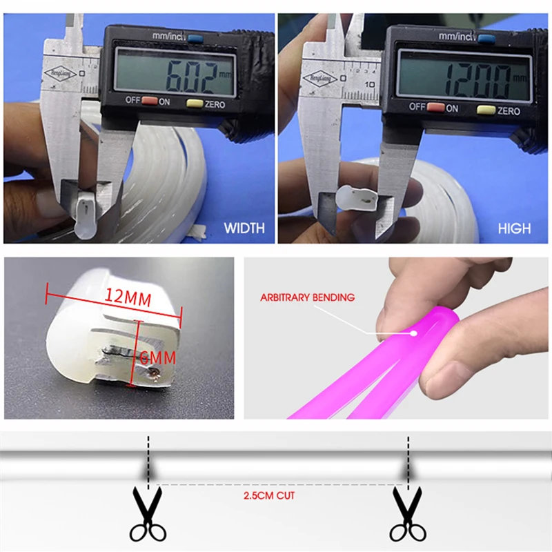 

12V Led Neon Strip Light Sign Rope Flexible Tape Soft Bar Silicon Tube Waterproof 2835 White Red Green Yellow Pink Ice Blue