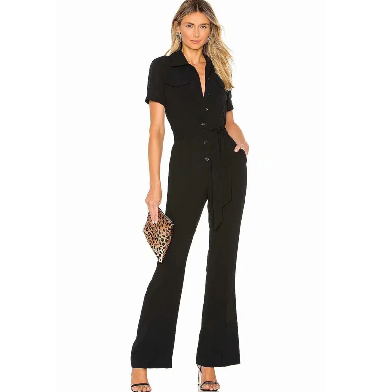 

2020 Spring And Summer New Short-Sleeved Single-Breasted Belt Pockets Slim Elegant Temperament Black Conjoined Trousers Women